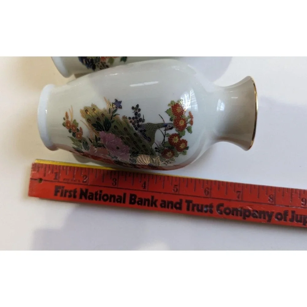 Vintage Arnart Japan Peacock Floral‎ Porcelain Bud Vases Gold Trim Set of 2